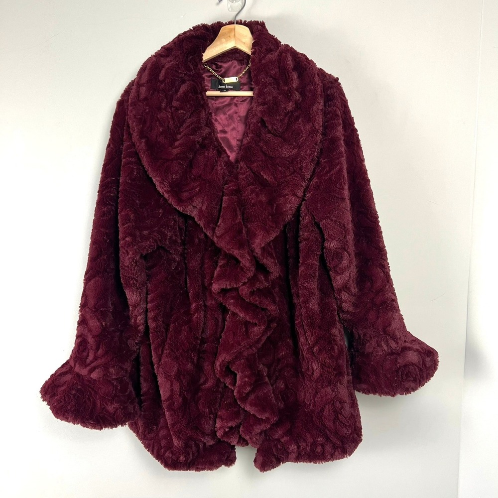 Dennis Basso Faux Fur Rose Swirl Ruffle Coat XL Shawl Collar Mob Wife Glam Plush
